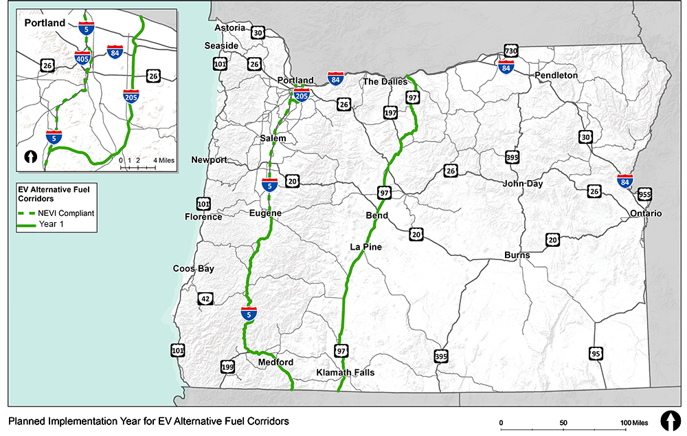 A black and white map of Oregon, with the EV alt fuel corridors for year 1 marked in green. I205, Hwy 97 and I5 south of Eugene are marked with a solid green line. I5 north of Eugene is marked with a dashed line indicating it is already NEVI compliant.