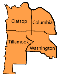 County map showing Clatsop, Columbia, Tillamook and Washington Counties