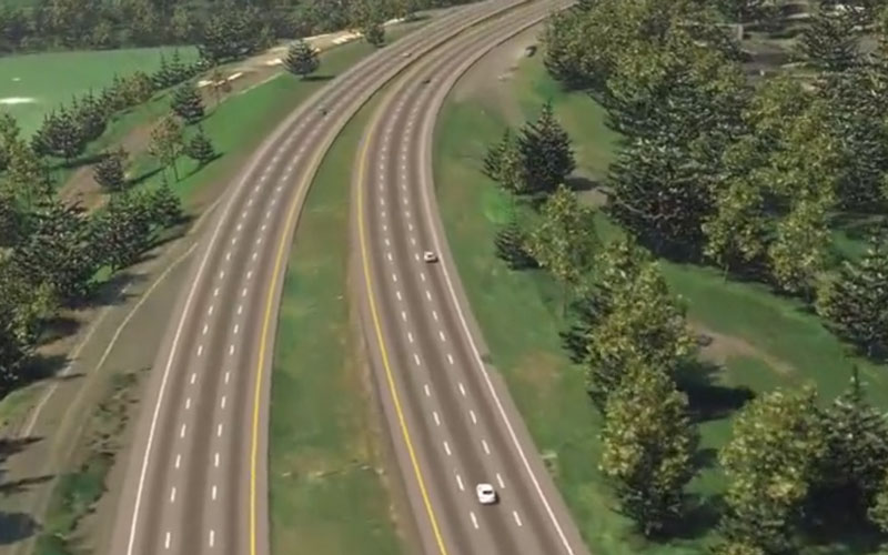 Simulation showing new, three lane condition on I-205.