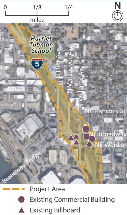A map with the project area outlined in orange dashes. Purple circles indicate existing commercial buildings and purple triangles indicate existing billboards near northeast Broadway Street and Weidler Street.