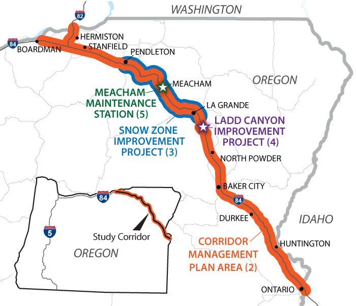 I-84 corridor highlighting project locations.