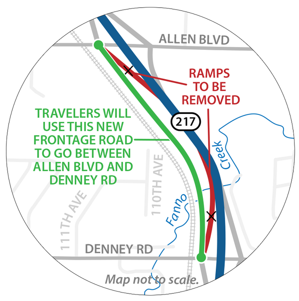 Map of new frontage road between Allan and Denney.