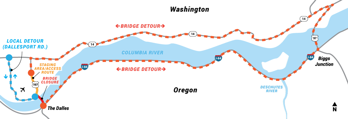 Map showing detour via U.S. 97 in Biggs Junction while The Dalles Bridge is closed.