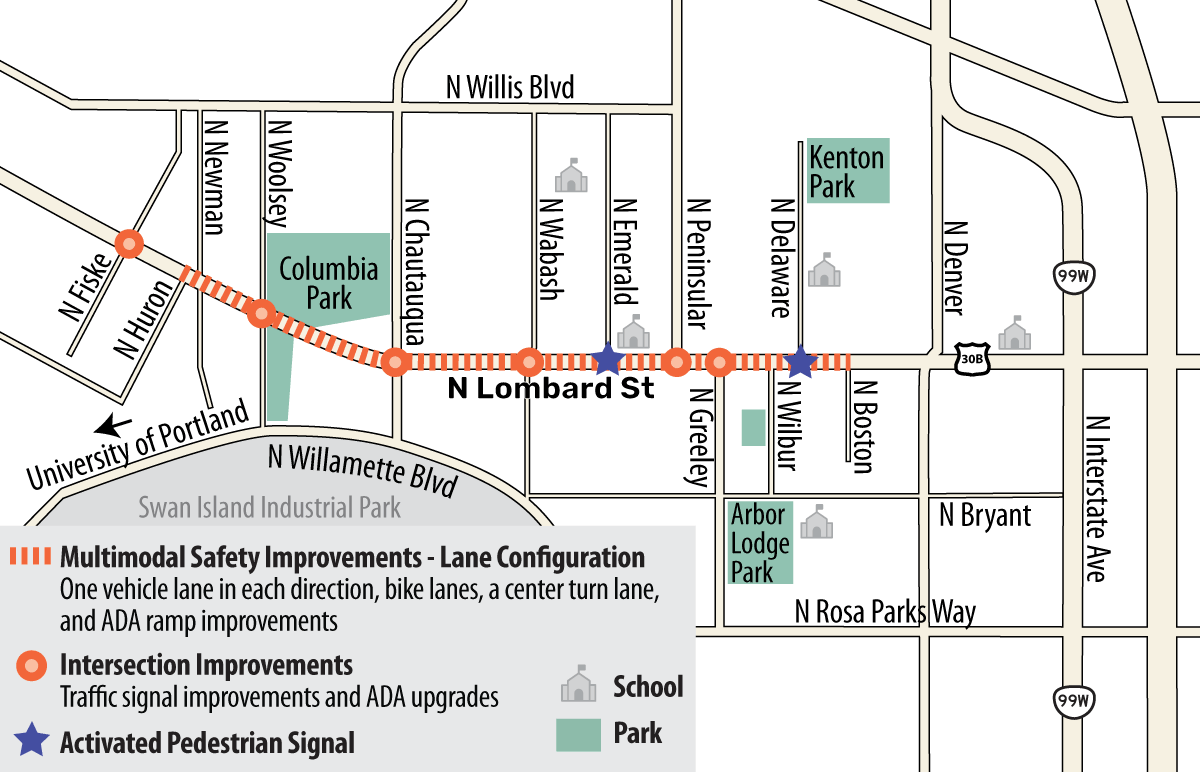 Project area map showing the construction area along N. Lombard.
