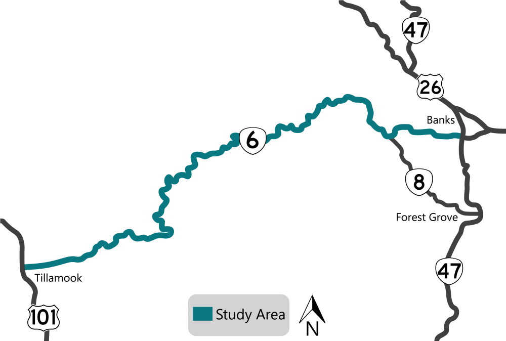 Map of the study area between Tillamook and Banks.