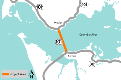 project map showing U.S. 101 over the Columbia River, highlighting the bridge that goes from Astoria Oregon to Megler Washington