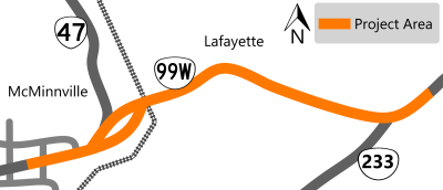 Project map showing OR 99W, OR 47 and OR 233 with the project area highlighted on OR 99W from NE McDonald Lane to NE McDoungall Road