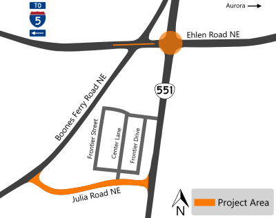 Project map showing OR 551 and Ehlen Road intersection with the project area highlighted at the intersection, on OR 551 going towards I-5 just past the Boones Ferry Road NE intersection, and a new county road, named Julia Road, south of the OR 551 and Ehlen Road intersection connecting OR 551 to Boones Ferry Road NE