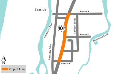 Project map showing U.S. 101 highlighted as the project area from Avenue A to Avenue K