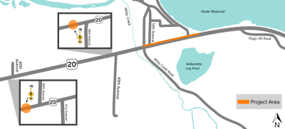 Project map showing U.S. 20 with the project area highlighted west of the 40th Avenue intersection, west of the 49th Avenue intersection and the north side of U.S. 20 from 54th Avenue to east of 60th Avenue