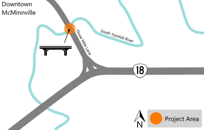 Project map showing OR 18 and the bridge highlighted on Three Mile Lane