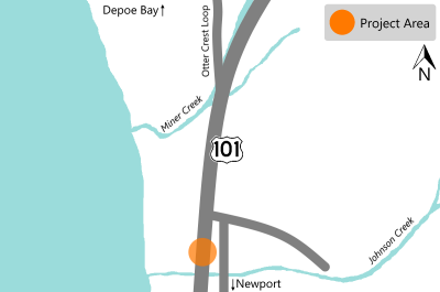 Project map showing U.S. 101 with the project area highlighted at milepost 133.2, which is a little north of Johnson Creek