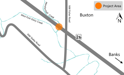 Project map showing U.S. 26 in Buxton, highlighting the bridge over Mendenhall Creek just west of the U.S. 26 and NW Fisher Road intersection