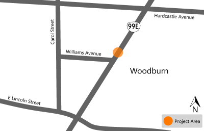Project map showing OR 99E with the project area highlighted on OR 99E a little north of the Williams Avenue intersection