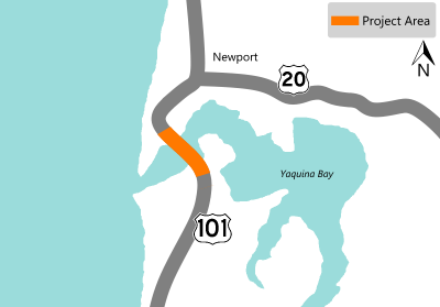 Project map showing U.S. 101 in Newport with the project area highlighted as the bridge over Yaquina Bay