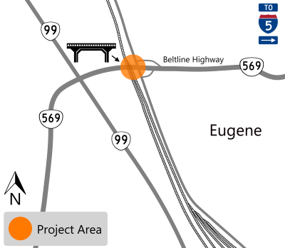 Project map showing the OR 99 and OR 569 intersection, with the project area highlighted east of the intersection at the railroad overcrossing.
