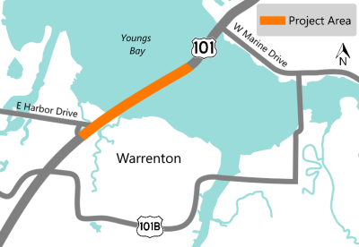 Project map showing U.S. 101 with the project area highlighted from just south of E Harbor Drive north, a little more than half way to W Marine Drive