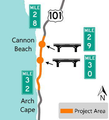 Project map showing U.S. 101 with the project area highlighted from around Cannon Beach to about Arch Cape, from milepost 28 to milepost 32, with the two bridges highlighted at milepost 29 and milepost 30
