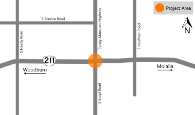 Project map showing the project area as the OR 211 and Canby-Marquam Highway intersection