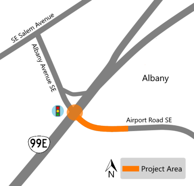 Project map showing OR 99E in Albany with the intersection highlighted at Airport Road SE