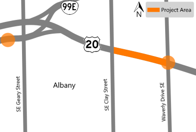Project map showing U.S. 20 and OR 99E in Albany with the intersection of U.S. 20 and Waverly Drive SE highlighted as the project area, between that intersection and the SE Clay Street intersection, and just west of the SE Geary Street intersection. 