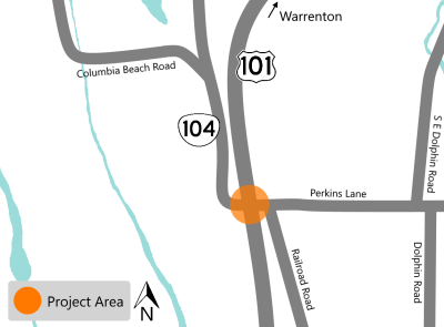 Project map showing U.S. 101 with the project area highlighted at the interesection with Perkins Lane or OR 104