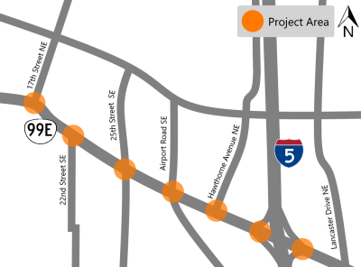 Project map showing OR 99E, also known as Mission Street, with seven intersections highlighted as the project area. At 17th Street NE, 22nd Street SE, 25th Street SE, Hawthorne Avenue NE and two at the I-5 ramps.