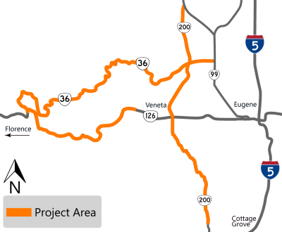 Project map showing the project area highlighted on OR 200 from OR 99W down to Cottage Grove, OR 36 highlighted from Florence to OR 99 and OR 126 highlighted from Florence to Veneta.