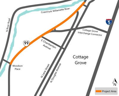 Project map showing OR 99 in Cottage Grove with the project area highlighted on OR 99 from the Woodson Place intersection to north of the intersection with N Lane Street.