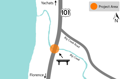 Project map showing U.S. 101 with the Big Creek Bridge highlighted as the project area, south of Big Creek Road.