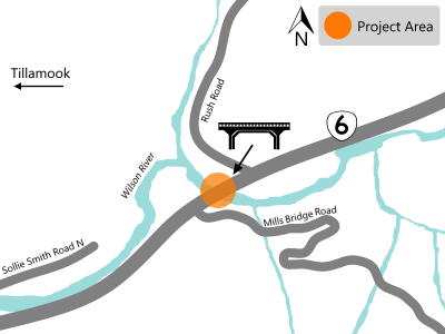 Project map showing OR 6 with the bridge between Mills Bridge Road and Rush Road