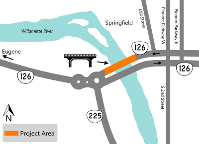 Project map showing OR 126 in Springfield highlighting the project area as the westbound Willamette River Bridge