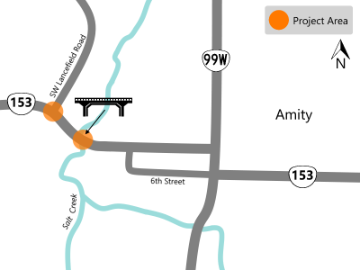 Project map showing OR 153 and OR 99W intersection in Amity with the project area highlighted at the OR 153 and SW Lancefield Road intersection and on OR 153 at the bridge over Salt Creek