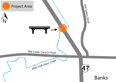 Project map showing OR 47 with the bridge highlighted north of the intersection with NW Cedar Canyon Drive