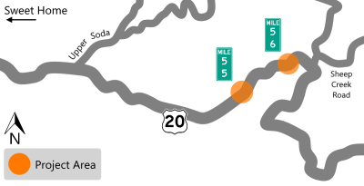 Project map showing U.S. 20 with the project area highlighted at milepost 55 and 56 which is between Upper Soad Road and Sheep Creek Road