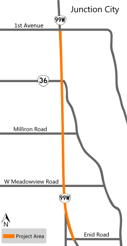 Project map showing OR 99W in Junction City with the project area highlighted from 1st Avenue to Enid Road