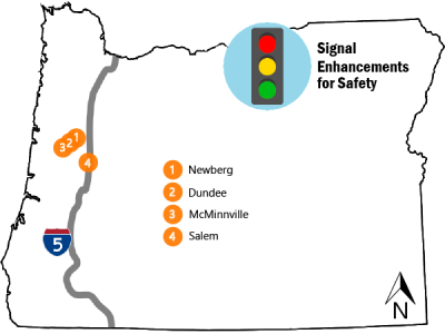 Map of Oregon showing McMinnville, Dundee, Newberg and Salem highlighted.