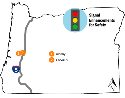 Project map of Oregon showing the project location in Albany and Corvallis
