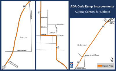 Three project maps side by side. The first shows Aurora Oregon, showing the project area highlighted on OR 99E from just north of the Liberty Street intersection down past Orchard Avenue NE. The second map shows Carlton Oregon, the project area is highlighted on OR 47 through the center of the town. The third map shows Hubbard Oregon, the project area is hilgihted on OR 99E from Scholl Road NE to Industrial Avenue