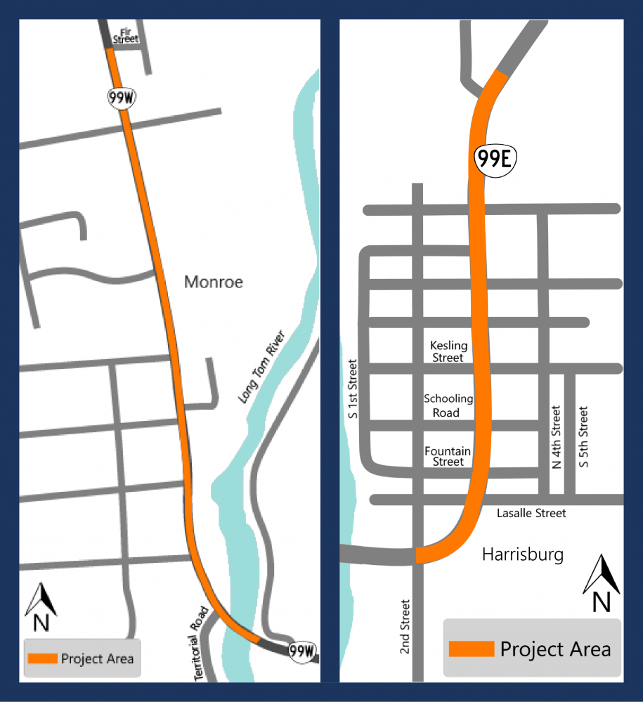 Project map showing OR 99W in Monroe with the project area highlighted from Fir Street to a little past Territorial Road, onto the bridge over Long Tom River