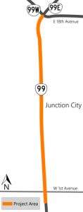 Project map showing OR 99 in Junction City with the project area highlighted on OR 99 from just south of the intersection with W 1st Avenue to OR 99W and OR 99E.