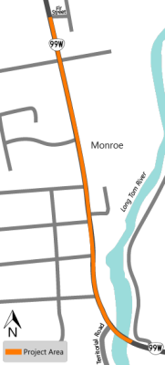 Project map showing OR 99W in Monroe with the project area highlighted from Fir Street to a little past Territorial Road, onto the bridge over Long Tom River