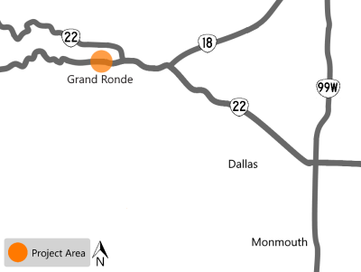 Project map showing OR 99W, OR 22 and OR 18. The project area is highlighted in Grand Ronde on OR 18 west of the OR 22 intersection