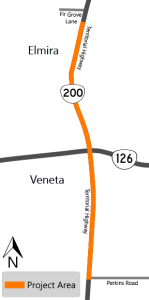 Project map showing OR 126 and OR 200, also known as Territorial Highway, in Veneta with the project area highlighted on OR 200 from just south of Fir Grove lane down to Perkins Lane