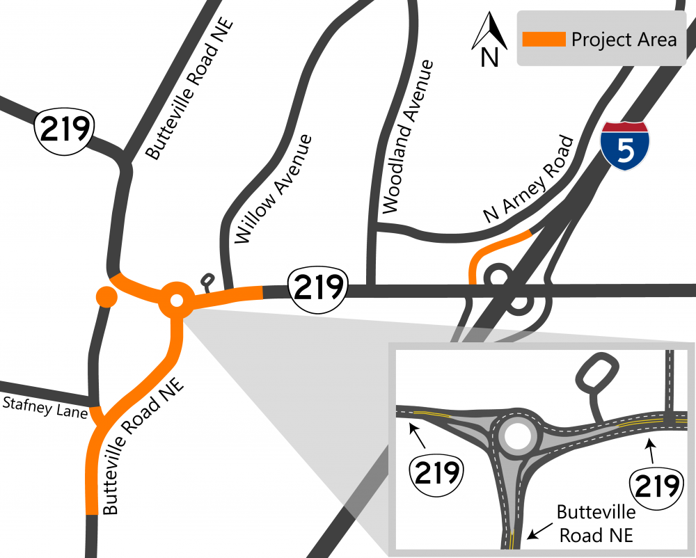 Project map showing the I-5 and Ehlen Road interchange highlighting the northbound I-5 exit that connects to Ehlen road, and the realignment of Bents Road