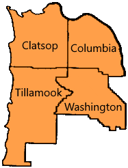 County map showing Clatsop, Columbia, Tillamook and Washington Counties