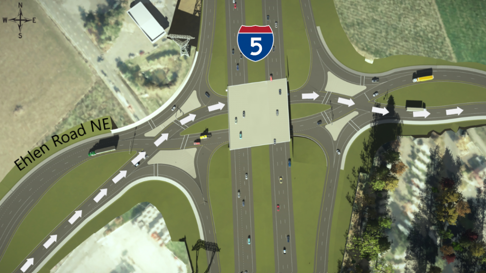 Rendering showing how to navigate through the diverging diamond lanes if you're traveling east on Ehlen Road NE and want to continue going east. 