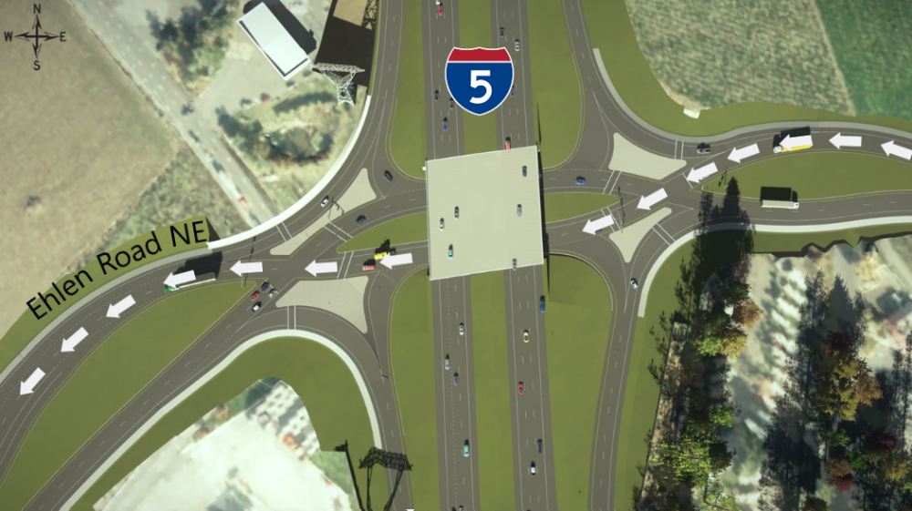 Rendering showing how to navigate through the diverging diamond lanes if you want to continue going west on Ehlen Road NE.