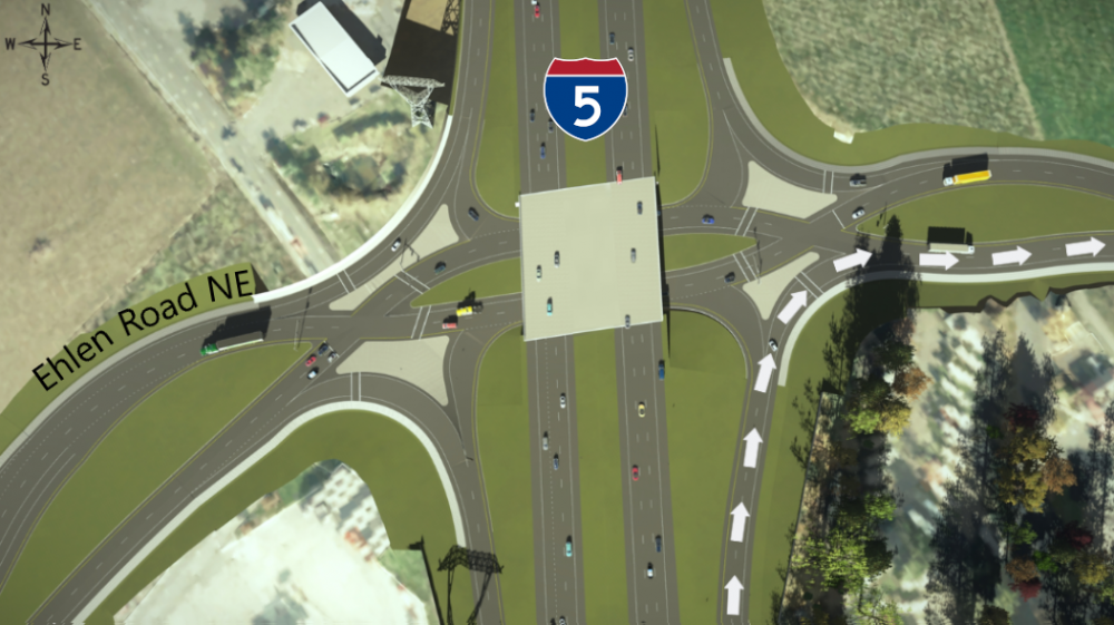 Rendering showing how to navigate through the diverging diamond lanes if you've taken the northbound I-5 off-ramp and want to go east on Ehlen Road NE.