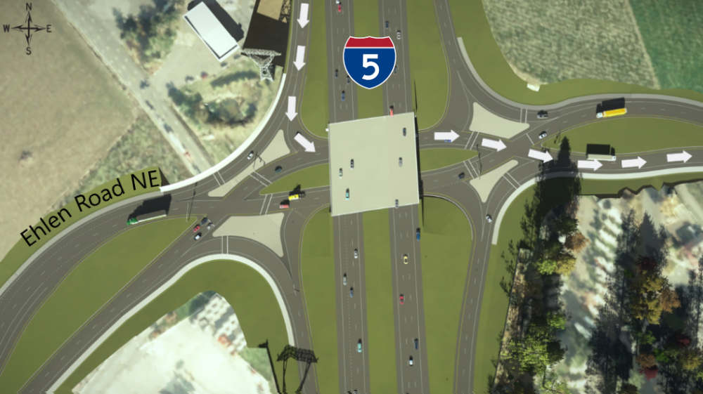 Rendering showing how to navigate through the diverging diamond lanes if you've taken the southbound I-5 off-ramp and want to go east on Ehlen Road NE.